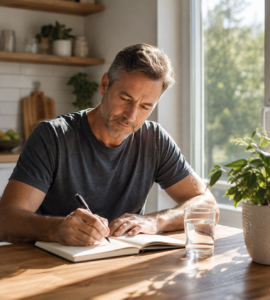 person recording daily joint wellness and mobility habits in a journal