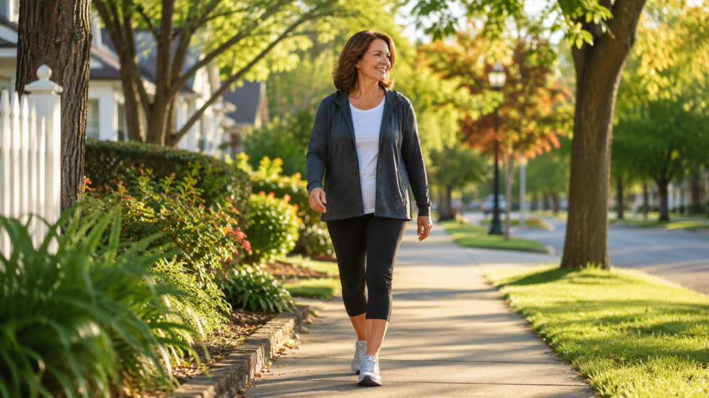 middle-aged adult walking outdoors to support healthy joint mobility
